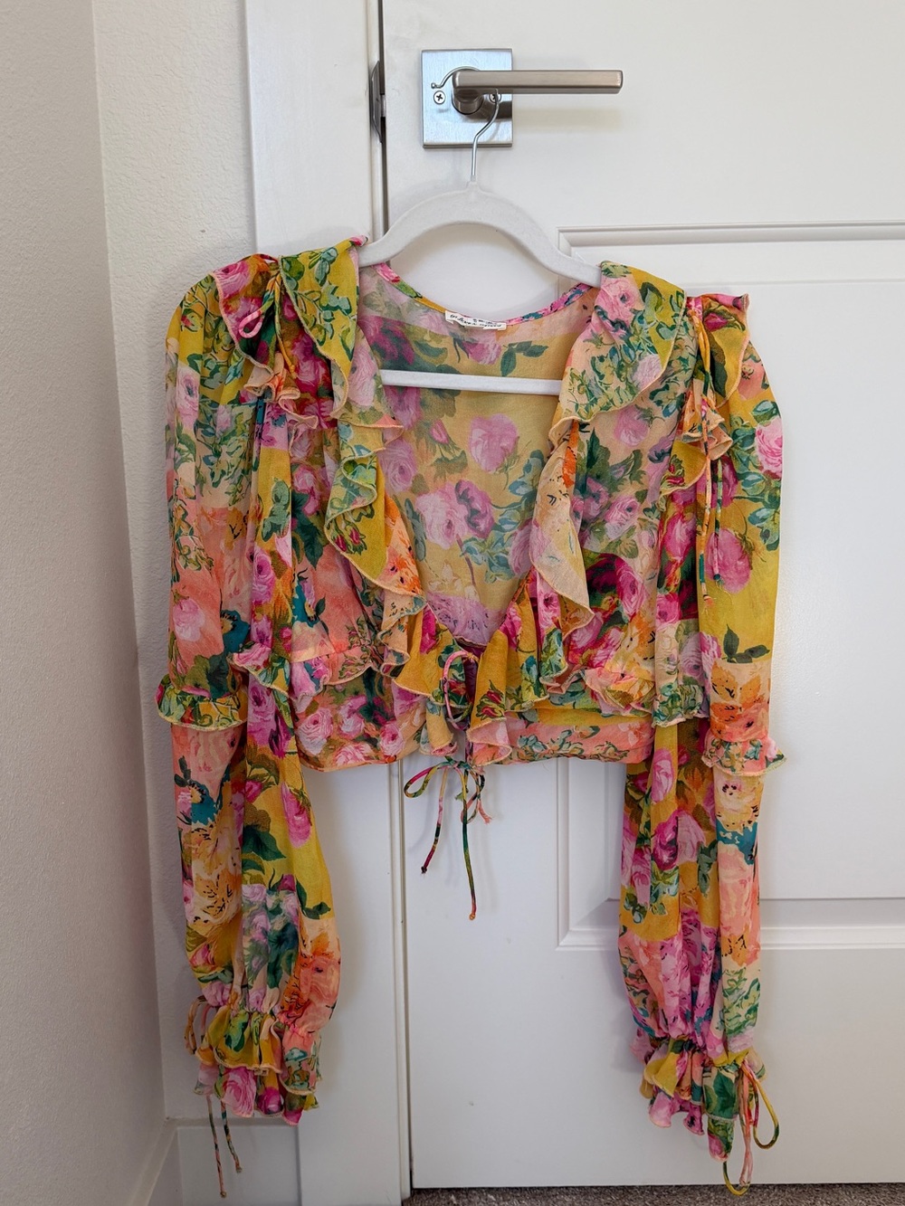 For Love & Lemons Yellow Floral Ruffle Crop Top